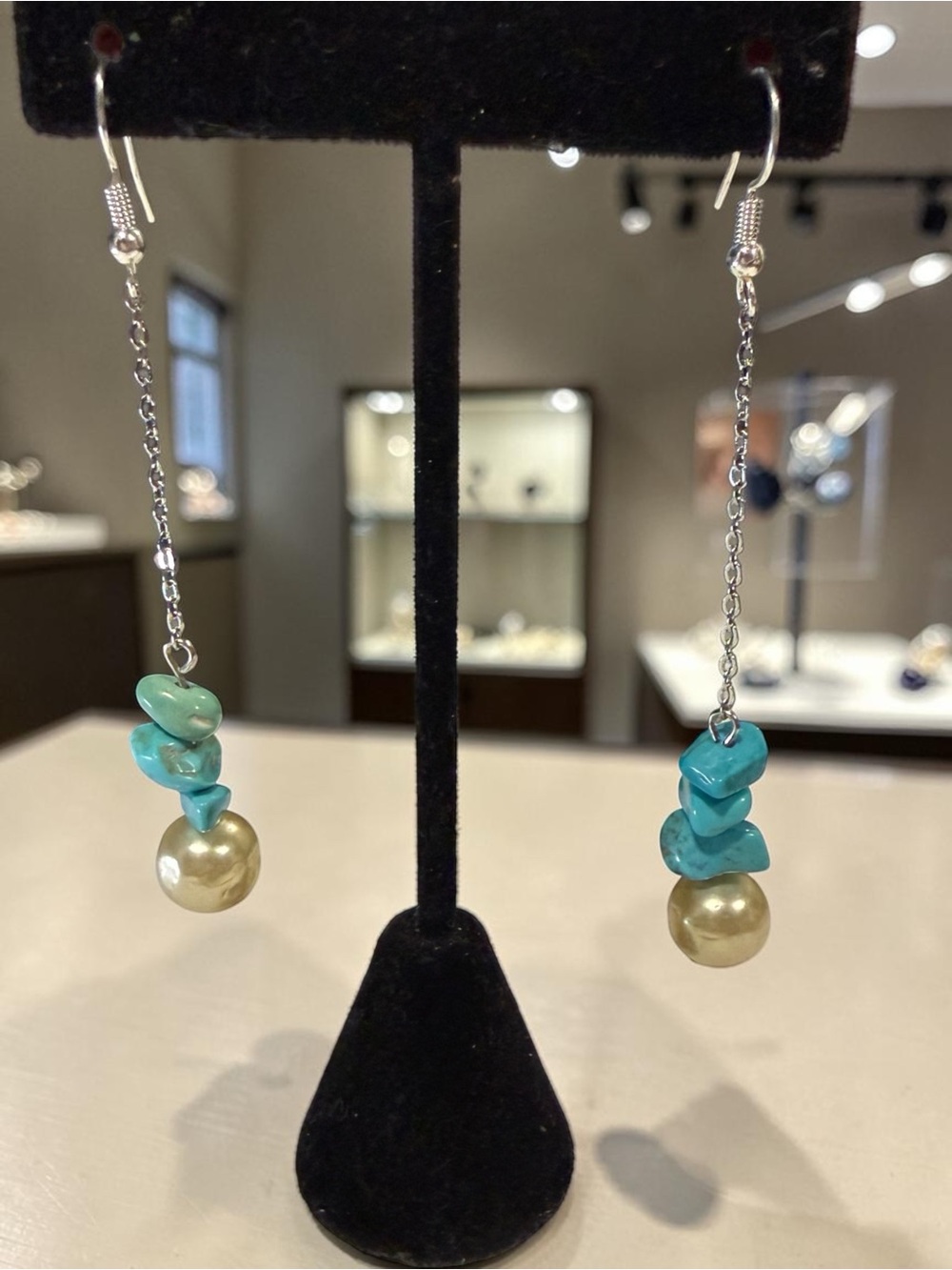 Handmade Turquoise Pearl Long Dangle Earrings Boho Western Coastal 3" Drop